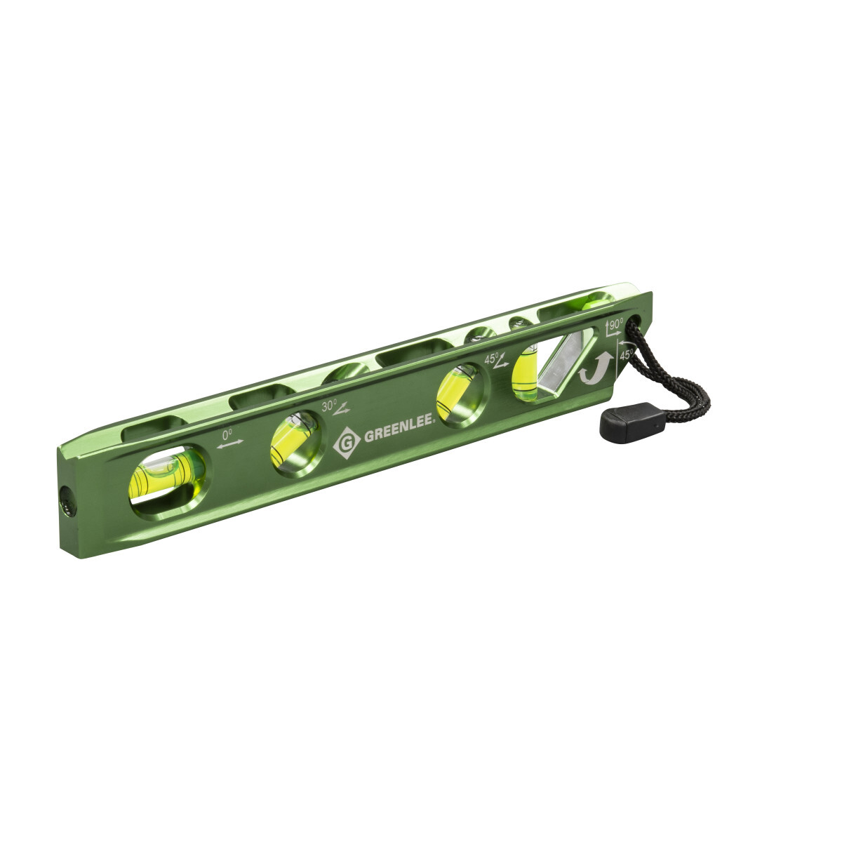 Torpedo Level, Professional Grade.  Four open vial ports for easy viewing from all sides.  Perfect for pipe and conduit work.  Four rare earth magnets allow for hands-free use on metal surfaces.  Four vial design - 0, 30, 45, and 90.  Machined from aluminum alloy and anodized to aircraft standards.  V-groove on bottom for mounting on curved surface.  Offsets and calculations permanently laser-engraved onto level.