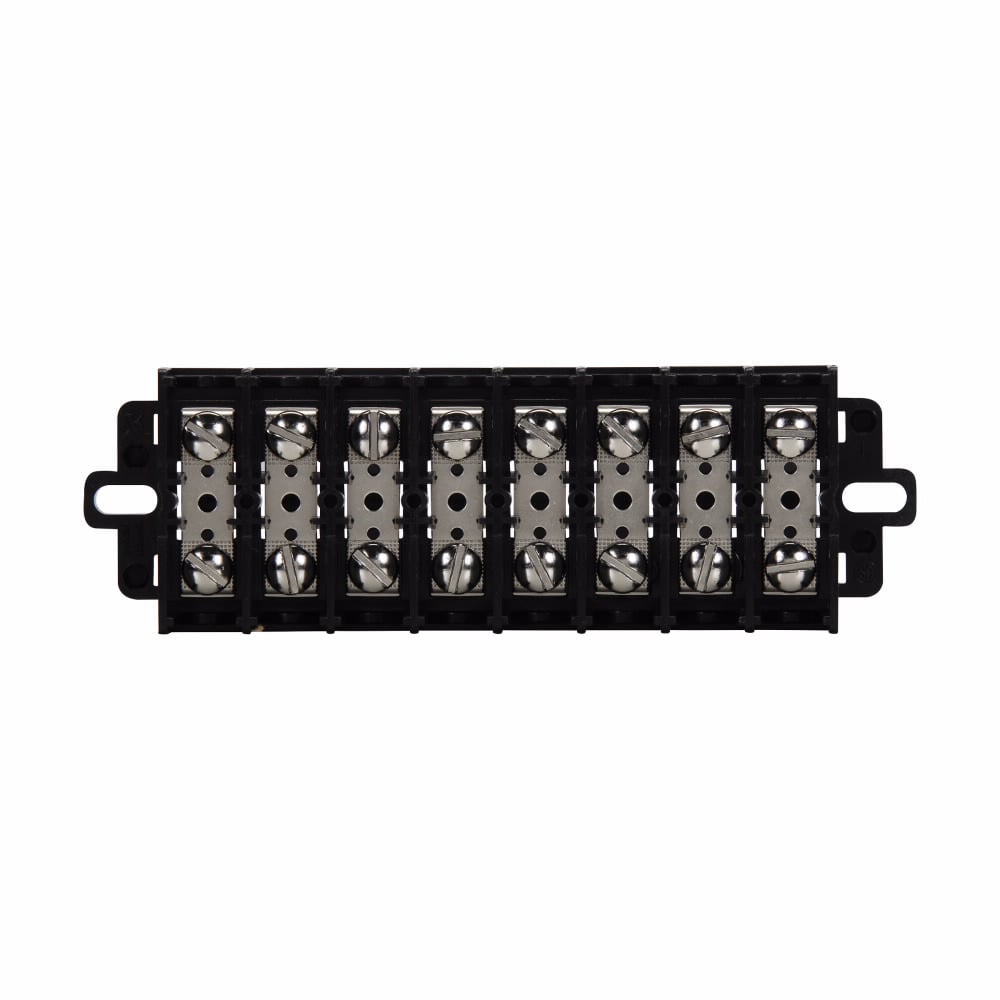 Eaton Bussmann KU series panel mount terminal block connector, 600V, 60A, Double row, standard, Four-pole, #10-32 TPI Screw, Panel, Black, Nickel-plated brass terminal