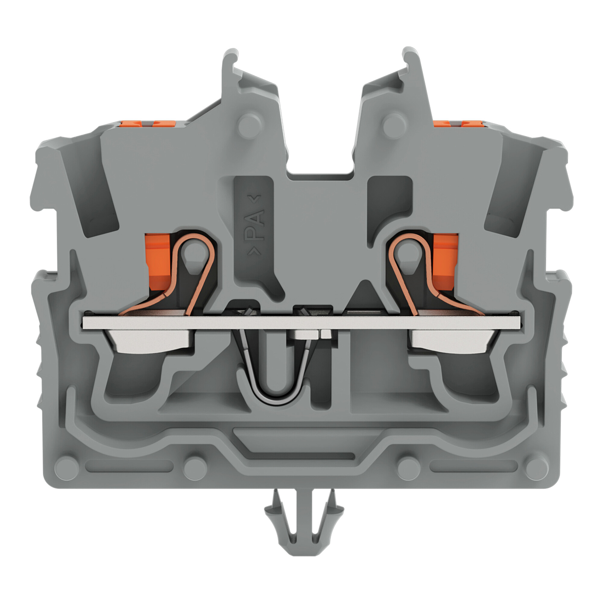2-conductor miniature through terminal block; with push-button; 1 mm; with snap-in mounting foot; side and center marking; with test port; Push-in CAGE CLAMP; 1,00 mm; gray