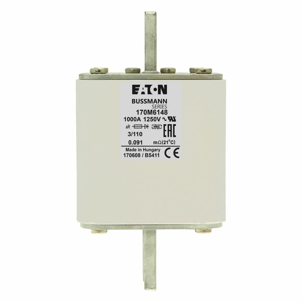 High Speed Fuses, DC common bus, DC drives, power converters/rectifiers, reduced voltage starters, AR, 100 kAIC RMS Symmetrical, Din 43 620 blade style, Square body, -/110 visual indicator, 1250 Vac (IEC), 1300 Vac (UL), 135W, IEC Rated, UL