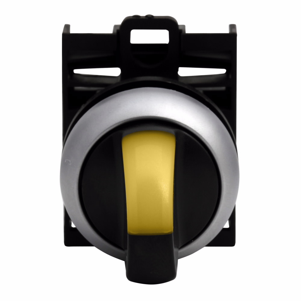 Eaton M22 modular pushbutton, M22 Modular Selector Switch Operator, 22.5 mm, Knob, Momentary, Illuminated, Bezel: Silver, Button: Yellow, IP66, NEMA 4X, 13, Two-Position, V, Light 100,000 hours, Button 100,000 Operations