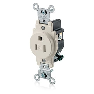 15 Amp, 125 Volt, Narrow Body Single Receptacle, Straight Blade, Tamper Resistant, Commercial Grade, Grounding, Light Almond