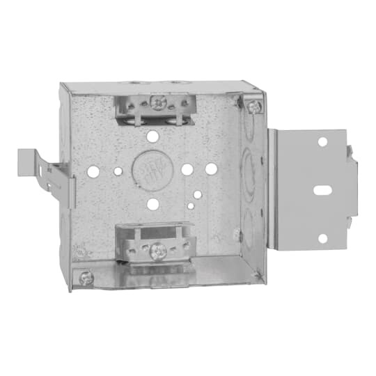 Square Box, 30.3 Cubic Inches, 4 Inch Square x 2-1/8 Inch Deep, 1/2 Inch and 3/4 Inch Eccentric Knockouts, Pre-Galvanized Steel, Welded Construction, MS Bracket and Armored Cable Clamp (C-3),  For use with armored/metal clad cable.