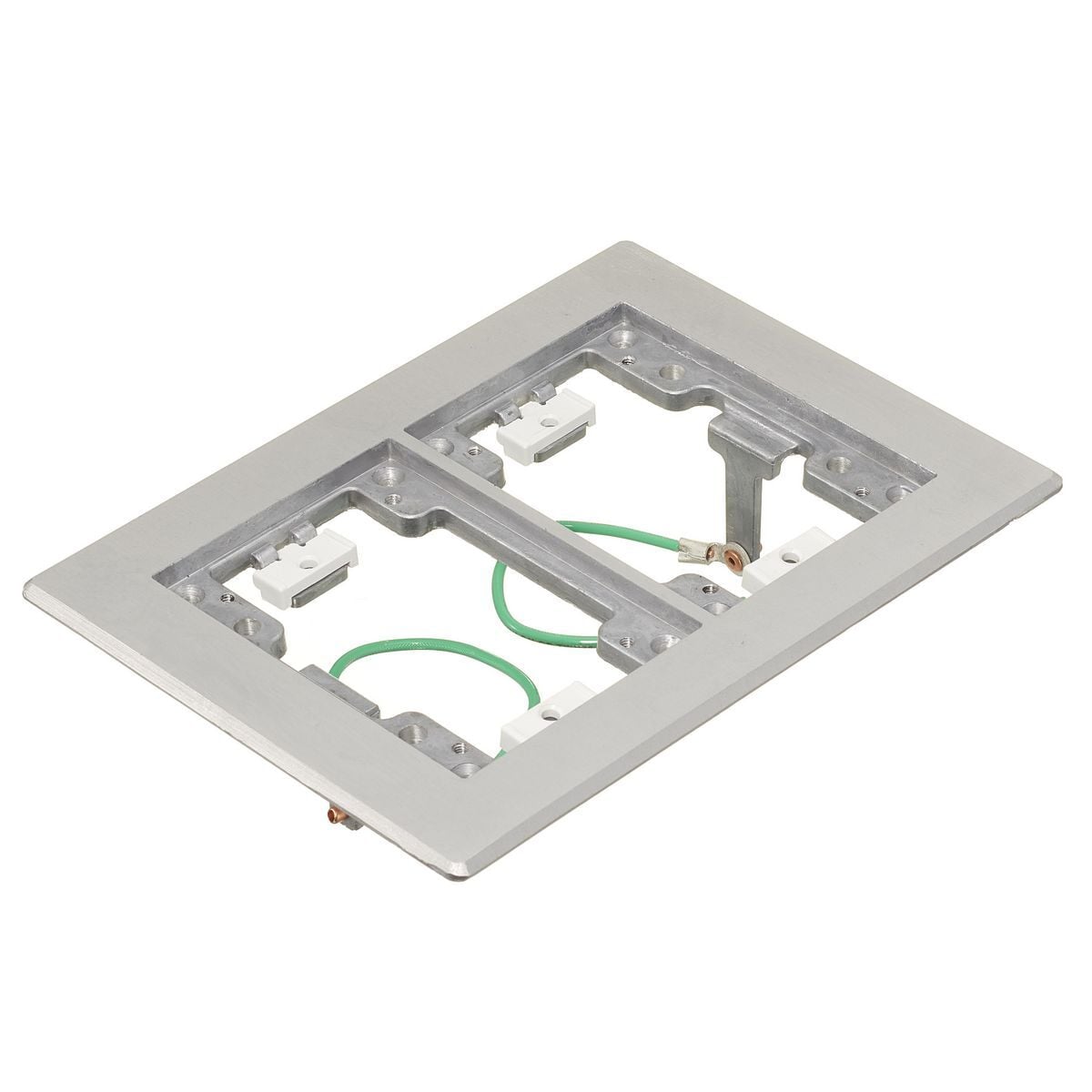 Flush Concrete Floorboxes Series, 2-Gang Flat Beveled Edge Flange With (2) Grounding Wires, Rectangular, 6.00" X 8.14" X 0.125", Brushed Aluminum