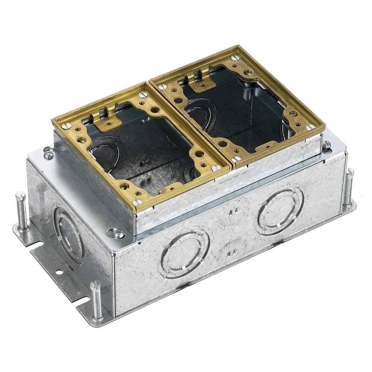 Flush Concrete Floor Box Series, 2-Gang, Rectangular Galvanized Stamped Steel Box, Deep, Fully Adjustable, Brass Top