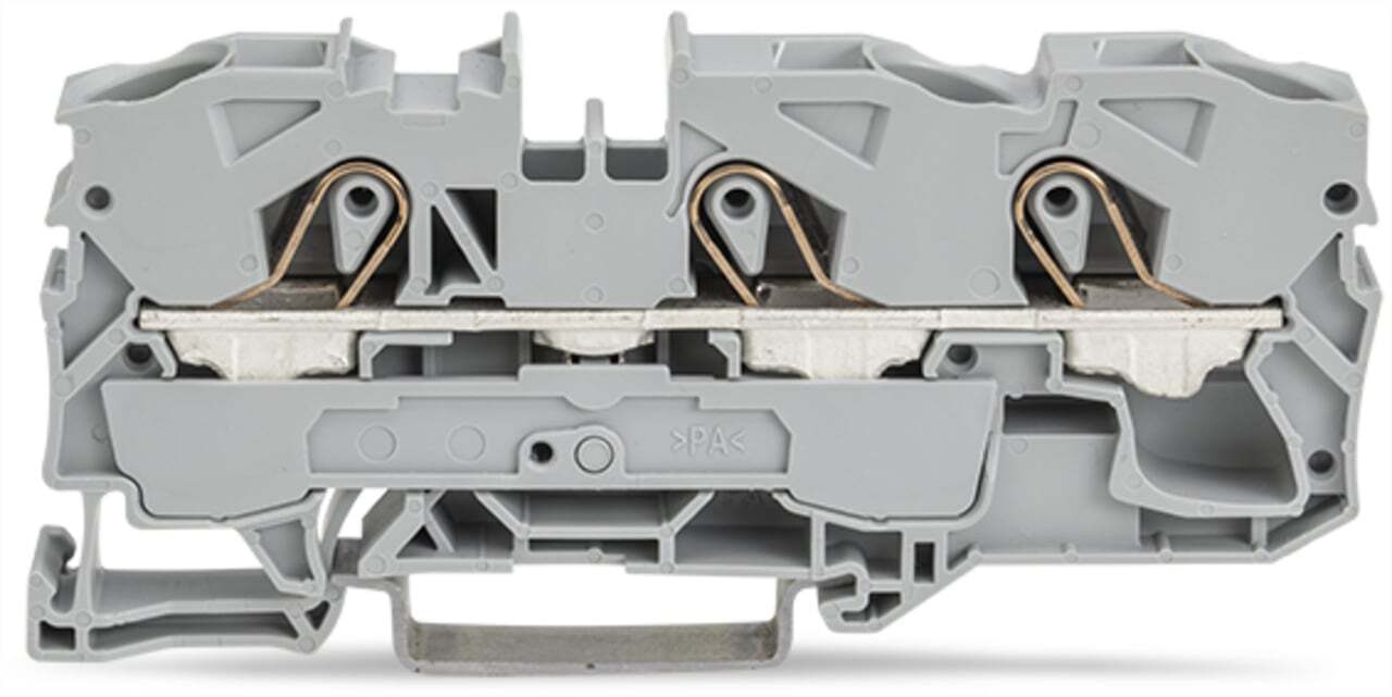 3-conductor through terminal block; 10 mm; suitable for Ex e II applications; side and center marking; for DIN-rail 35 x 15 and 35 x 7.5; Push-in CAGE CLAMP; 10,00 mm; gray