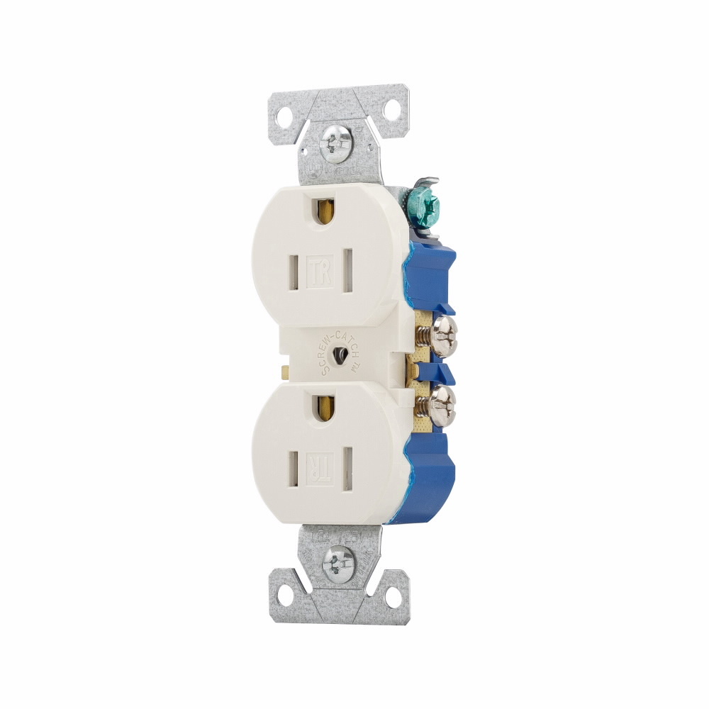 Eaton residential grade duplex receptacle, #14-10 AWG, 15A, Commercial, Residential, Flush, 125V, Side and push, Light almond, Brass, Impact-resistant thermoplastic face, PVC body, 5-15R, Duplex, Screw, Thermoplastic, ED Box