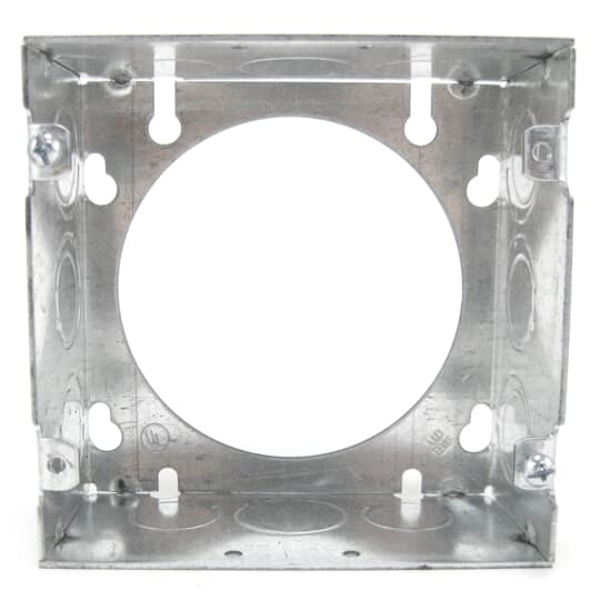 Square Box Extension Ring, 42 Cubic Inches, 4-11/16 Inches Square x 2-1/8 Inches Deep, 1/2 Inch and 3/4 Inch Knockouts, Pre-Galvanized Steel, Welded Construction, For use with Conduit