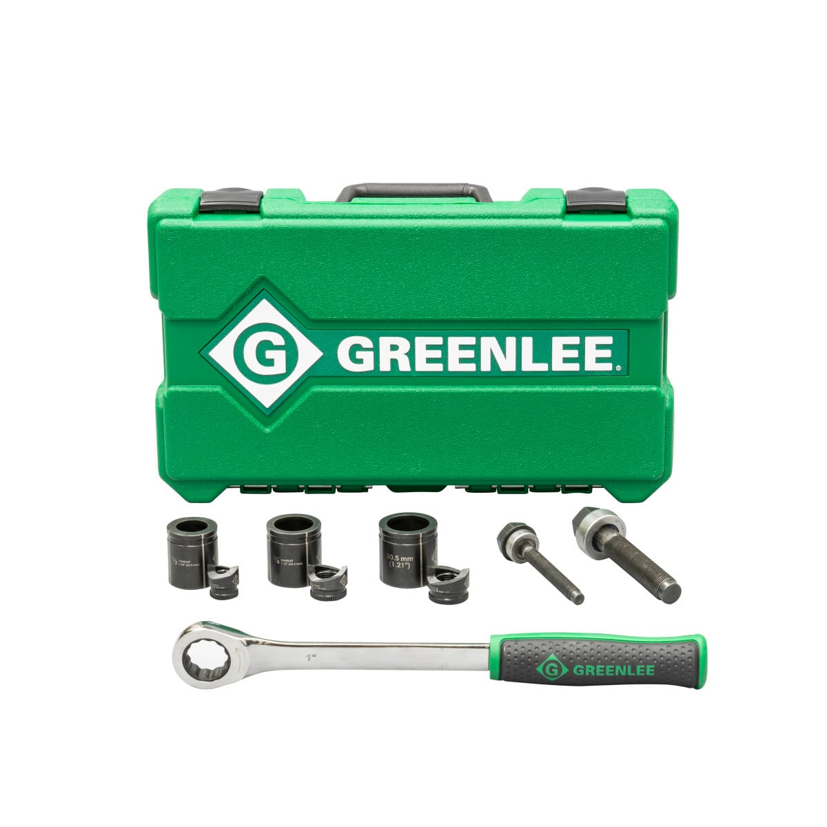 Knockout Kit with Ratchet and SlugBuster 1/2", 3/4" and 30.5 mm.  New Greenlee high-leverage wrench with five-degree ratcheting mechanism, Slug-Buster punch profile splits slugs for easy slug removal. Knurled edge on punches for better grip. Laser markings for quick part identification. Alignment markings for improved accuracy. Easy threading - draw studs with "dog point" tip helps eliminate cross-threading.
