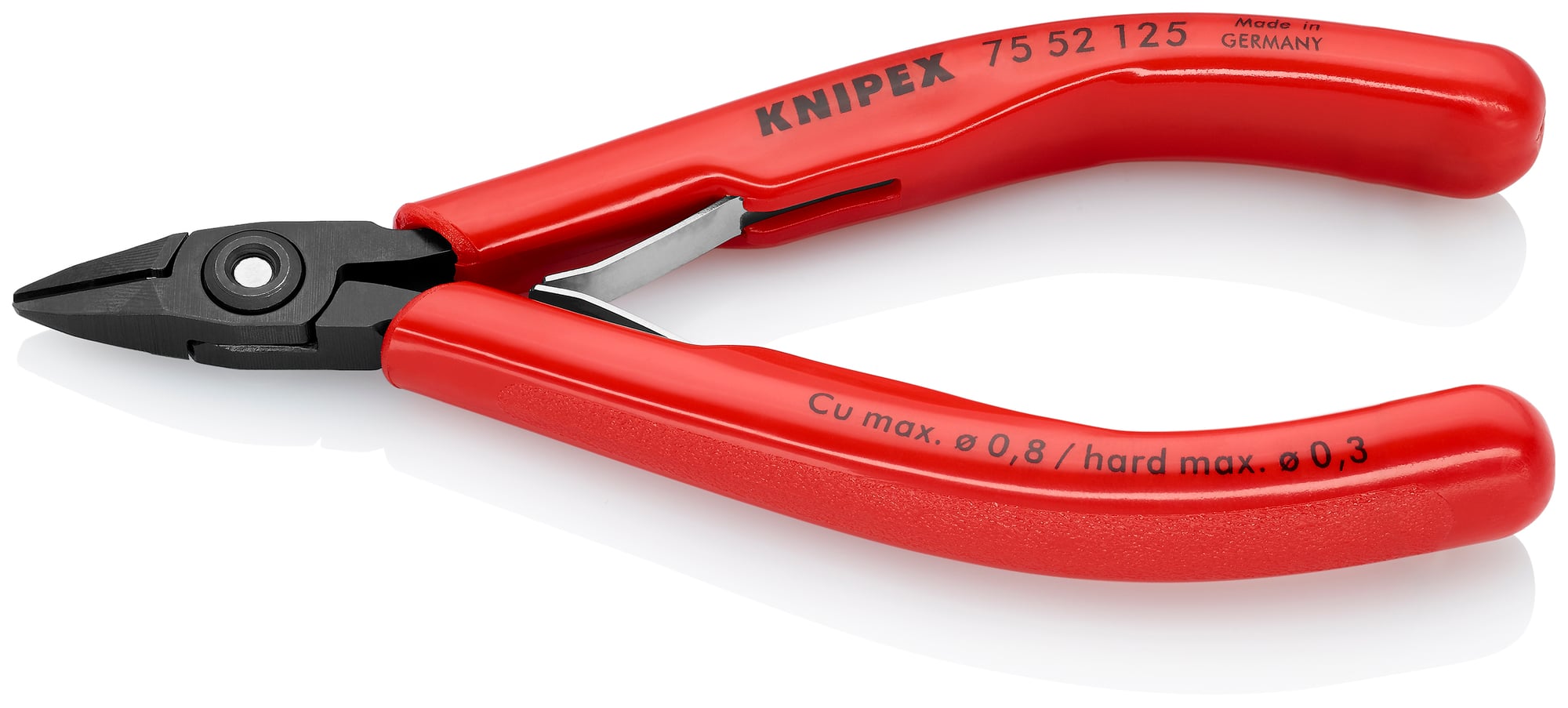 Electronics Diagonal Cutters, 5 in., Plastic, Black-oxide, Semi-flush with Bevel Cut, Tapered Head, Up to 1/64 in. Hard Wire
