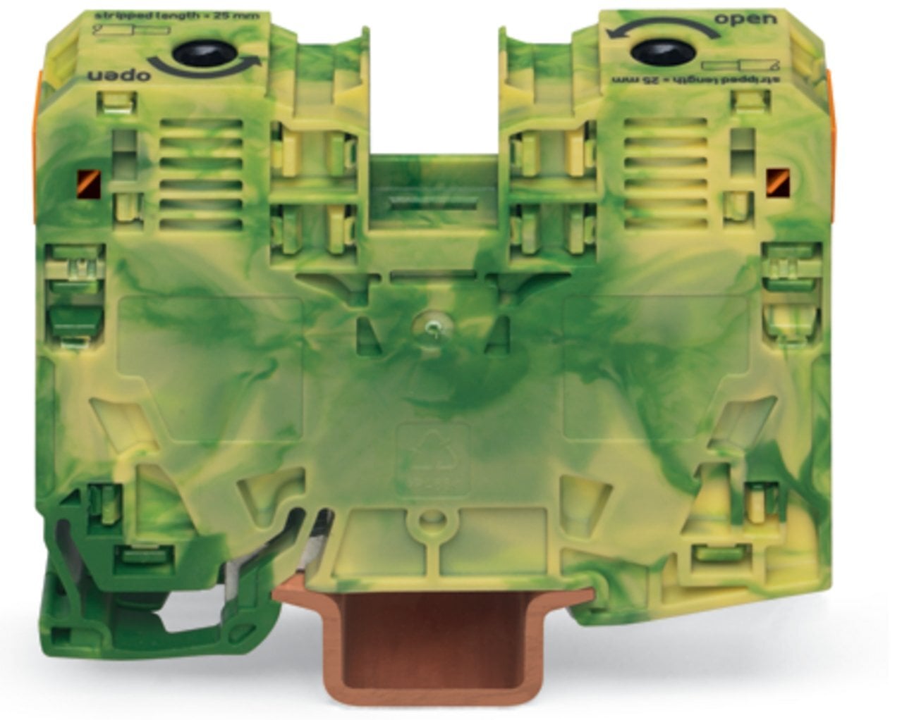 2-conductor ground terminal block; 35 mm; lateral marker slots; only for DIN 35 x 15 rail; POWER CAGE CLAMP; 35,00 mm; green-yellow