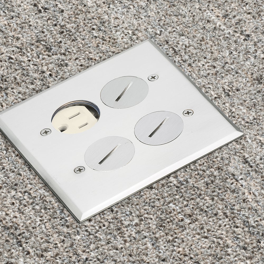 Floor box kit with steel box and metallic cover with four threaded plugs. Two gang. Nickel.