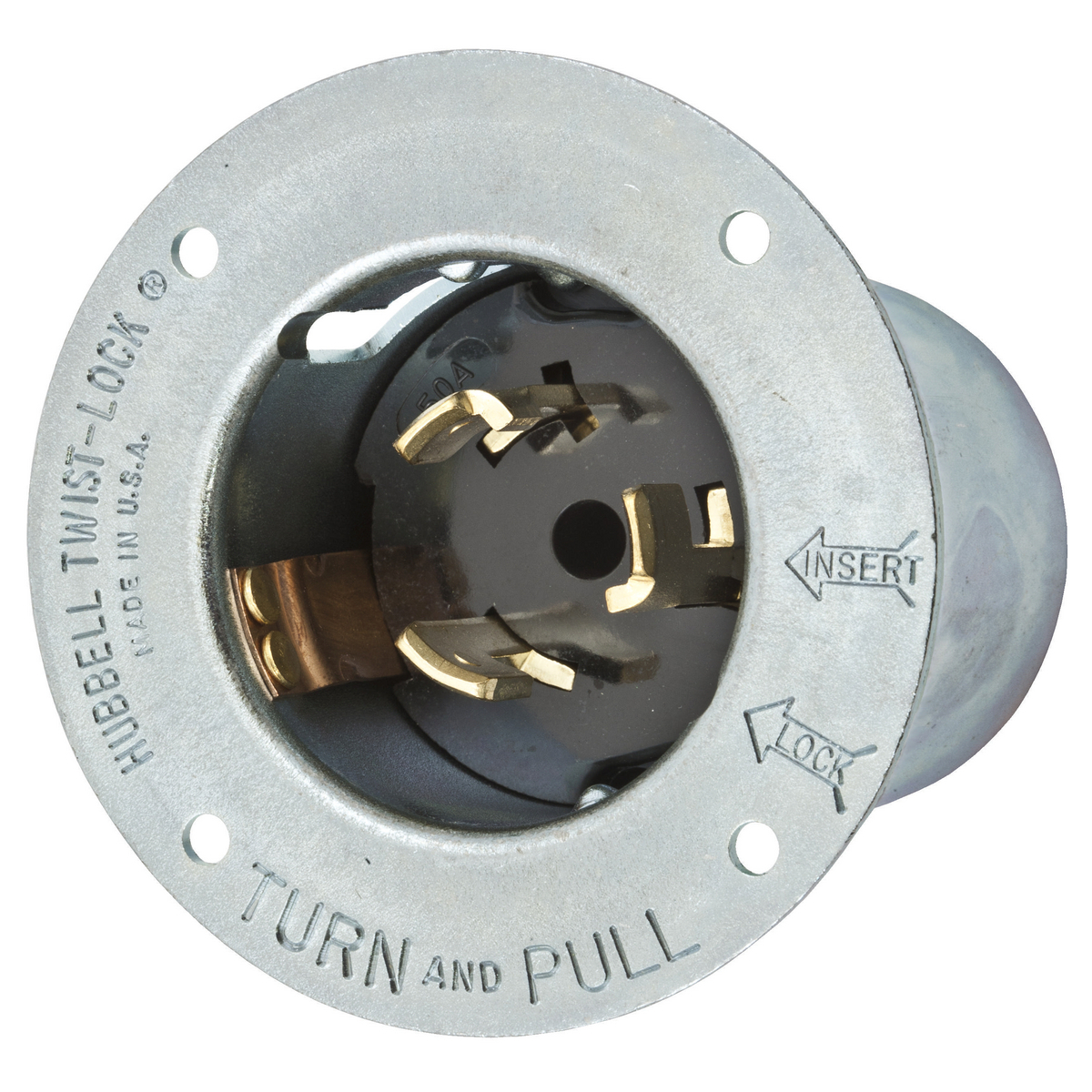 Locking Devices, Twist-Lock, Industrial, Flanged Inlet, 50A 3-Phase Delta 250V AC, 3-Pole 4-Wire Grounding, Non- NEMA, Screw Terminal, Black