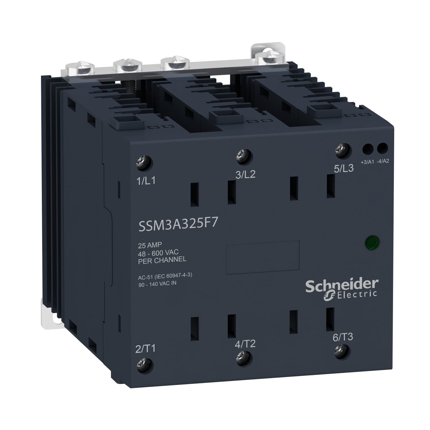 single phase relay, Harmony Solid State Modular Relays, 25A, DIN rail mount, zero voltage switching, input 4 to 32V DC, output 48 to 600V AC