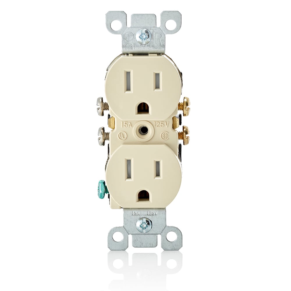 15 Amp, 125 Volt, NEMA 5-15R, 2P, 3W, Duplex Receptacle, Tamper Resistant, Straight Blade, Residential Grade, Grounding, All Screws Backed Out, With Ears, Quickwire Push-In & Side Wired, Steel Strap - Ivory,  2008 NEC Compliant