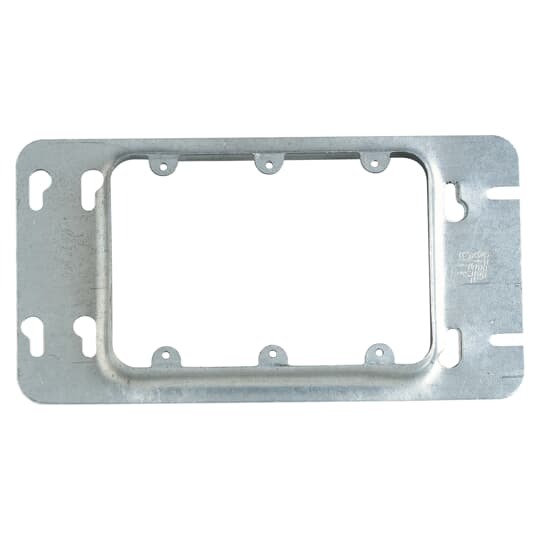 Three Gang Box Cover, 13.5 Cubic Inches, 8-13/16 Inches Long x 4-11/16 Inches Wide x 13/16 Inches Raised for Plaster, Galvanized Steel, Holes between Gangs are Spaced on 13/16 Inch Centers, Tapped Holes in Ears, Spaced on 3-9/32 Inches Centers to Accommodate All Standard Receptacles and Switches, Furnished with Extra Plugged Screw Holes, if these Screw Holes are Used, the Cover will fit the Next Smaller Size Box
