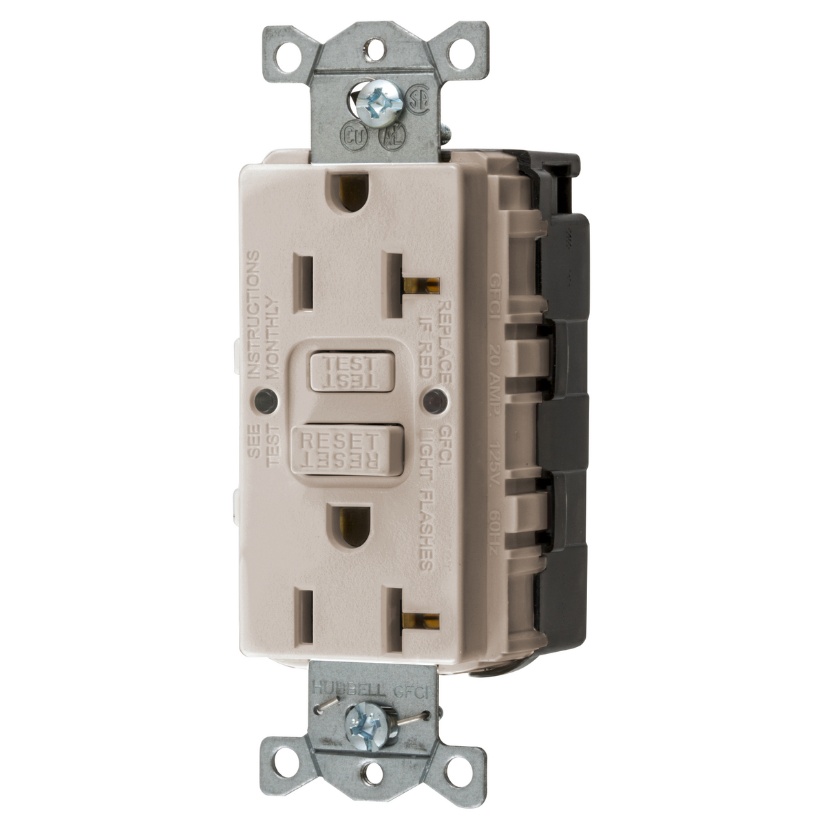Straght Blade Devices, SNAP-Connect, AUTOGUARD, Self Test, GFCI Receptacle, 20A 125V, 2-Pole 3-Wire Grounding, 5-20R, Light Almond