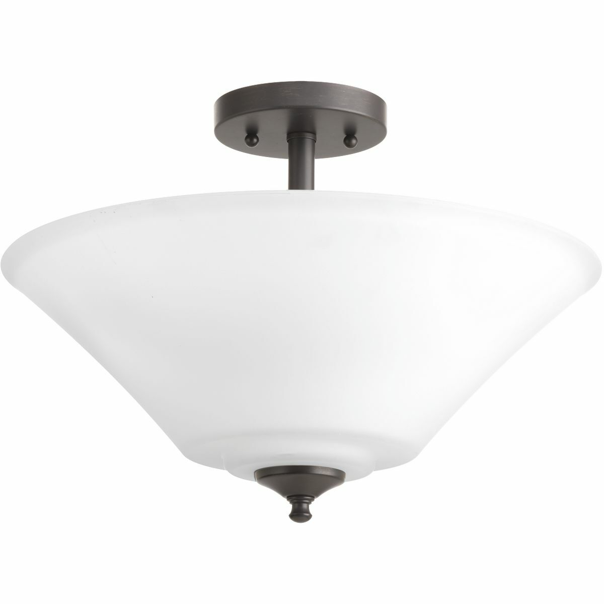 Gleeful simplicity defines the Joy Collection. Refreshing and fashionable, arcing forms of metal and fluted glass shades are enhanced by a classic Antique Bronze finish. One white etched glass complete the look and allows you to coordinate well with other fixtures from this collection. Bring joy into your heart and into your home with this wonderful three-light semi-slush fixture. Can also be chain hung.