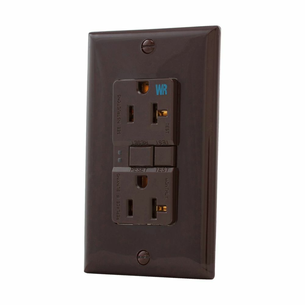 Eaton GFCI receptacle,Weather resistant,Self-test,#14 - 10 AWG,20A,Residential,Commercial,Flush,125 V,GFCI,Back and side wire,Brown,Brass,Receptacle,Weather resistant,Polycarbonate,5-20R,Two-pole, three-wire, grounding