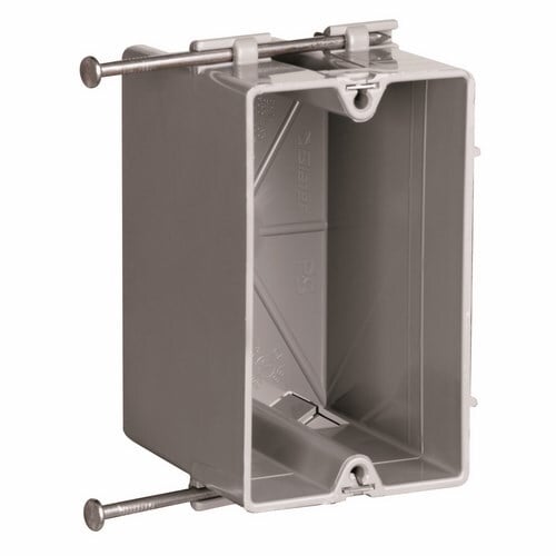 Single Gang Switch and Outlet Box is durable and animpact-resistant thermoplastic box. Its has innovative extras that cut installation time like the two Quick/Click entries on each end. It has captive mounting nails on each end.100 pack.