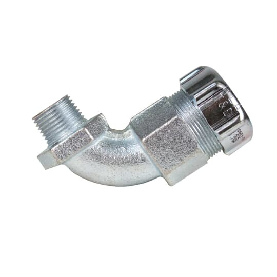 90 degres watertight fitting made of malleable iron with a protective grounding sleeve for jacketed metal-clad cable. 3/4 inch hub thread size. Neoprene bushing 0.880-1.065 inches.