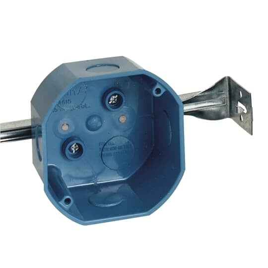 4 Inch, 20.5 Cubic Inch  ENT non-metallic octagon ceiling box with adjustable bar hanger and 1/2 Inch knockouts.