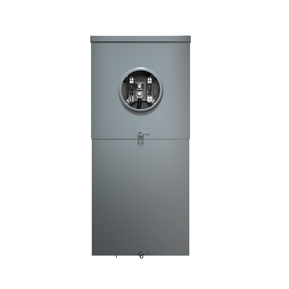 LOAD CENTER METER COMBO RINGLESS LEVER BYPASS W/ 5TH JAW. NEMA 3R OUTDOOR W/ MAIN BREAKER AND FEED-THRU LUGS. 200A 8 SPACES. 22KA INTERRUPT RATING. BOX, INTERIOR AND DOOR