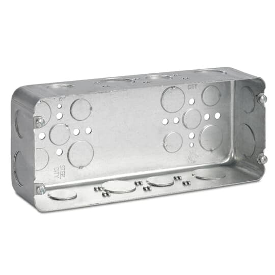 Four Gang Drawn-Style Gang Box, 110 Cubic Inches, 10-7/16 Inches Long x 4-1/2 Inches Tall x 2-1/2 Inches Deep, 3/4 Inch and 1 Inch Knockouts, Pre-Galvanized Steel, Drawn Construction, For use with Conduit