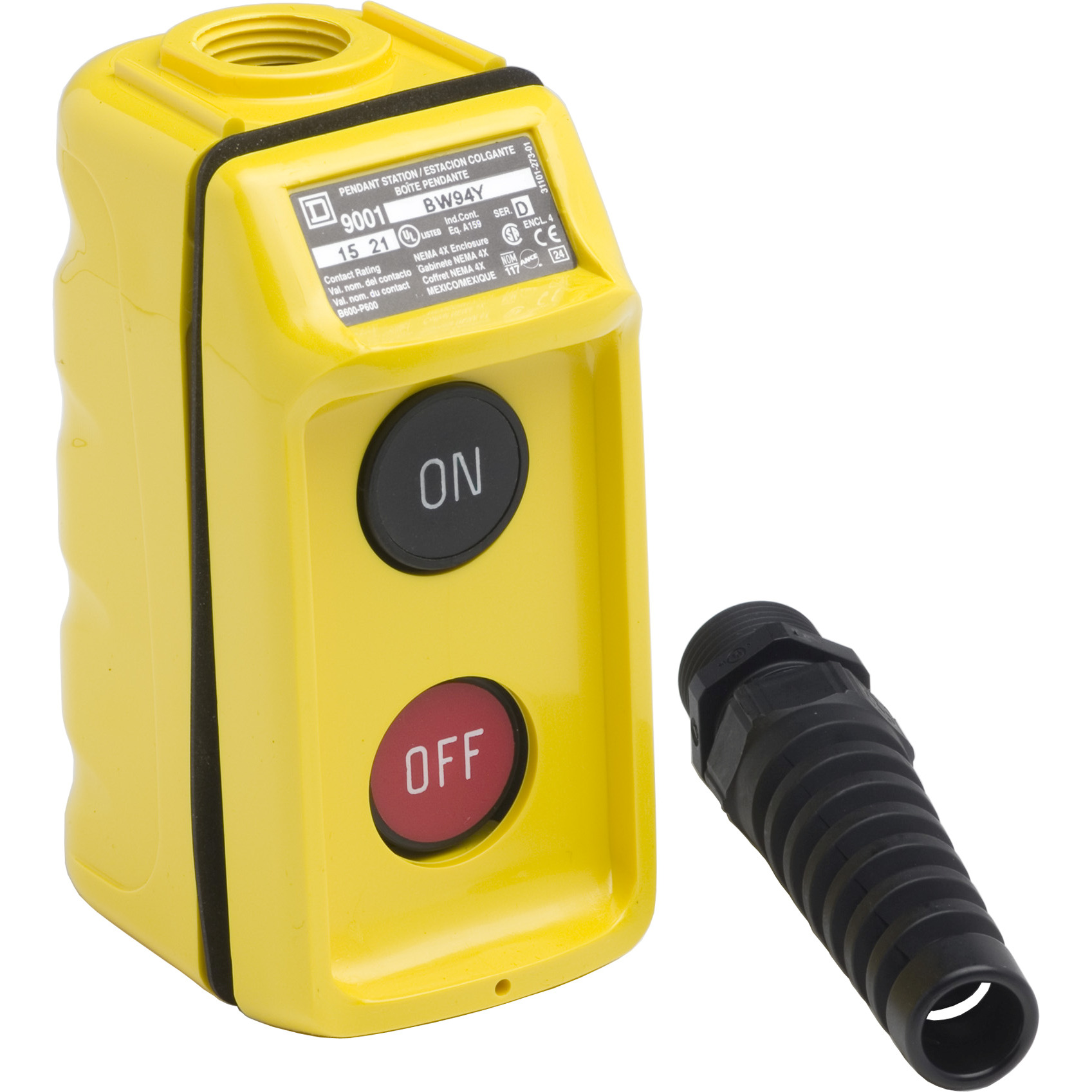 Pendant station, Harmony 9001B, mechanical interlock, yellow, single speed, 5A, 600V AC, marked On-Off legend
