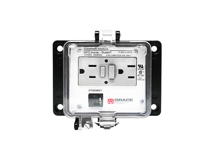 PANEL INTERFACE CONNECTOR WITH CAT 6 RJ45, PANEL MOUNT HOUSING, UL TYPE 4X, GFCI DUPLEX INSIDE-OUTLET, NO CB