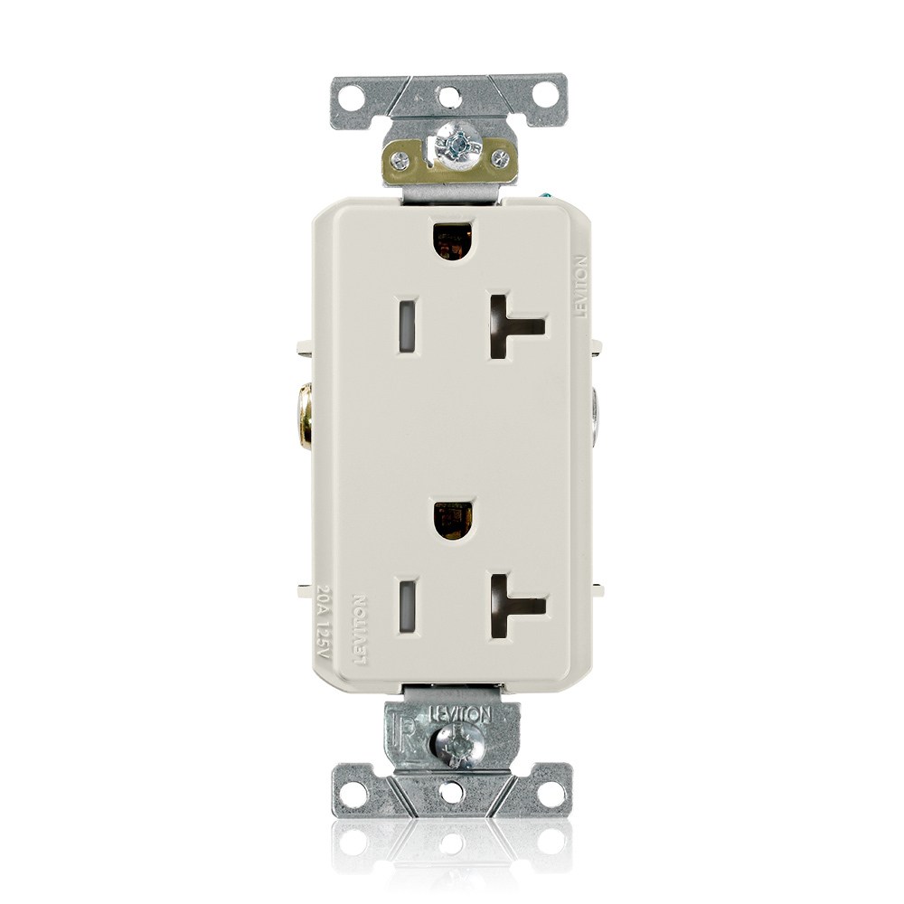 20 Amp, 125 Volt, Tamper Resistant, Decora Plus Duplex Receptacle, Straight Blade, Commercial Grade, Self Grounding, Light Almond