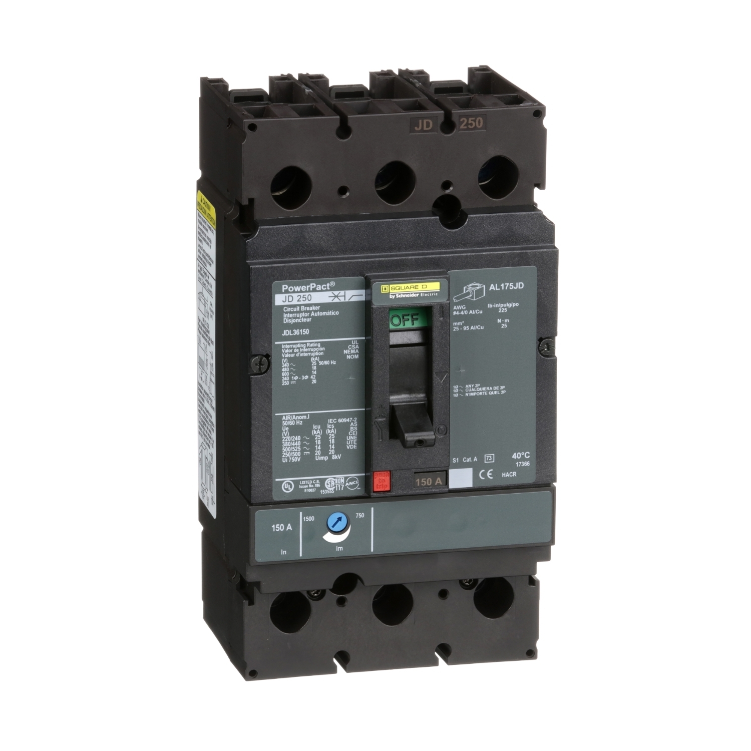Circuit breaker, PowerPacT J, 150A, 3 pole, 600VAC, 14kA, lugs, thermal magnetic, 80%