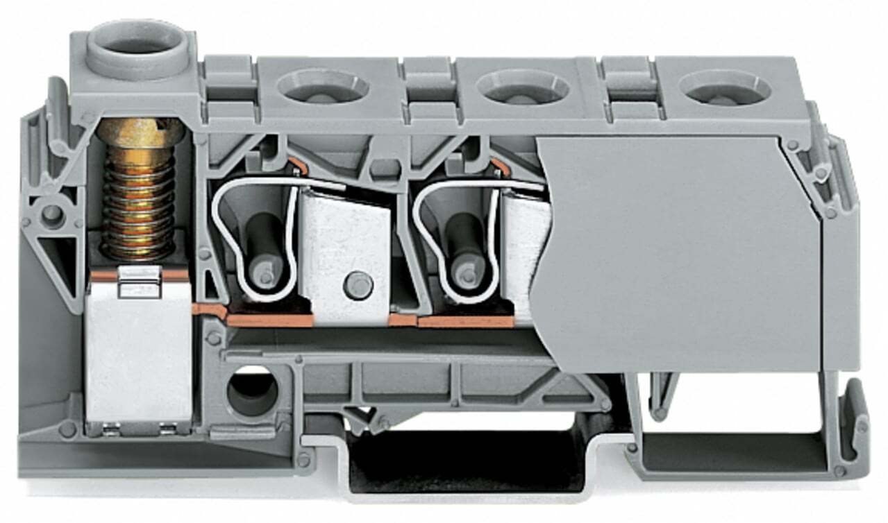 Distribution terminal block; 10 mm; lateral marker slots; for DIN-rail 35 x 15 and 35 x 7.5; screw-type and CAGE CLAMPconnection; 3 x CAGE CLAMP connection 10 mm; 1 x screw-clamp connection 35 mm; 10,00 mm; gray