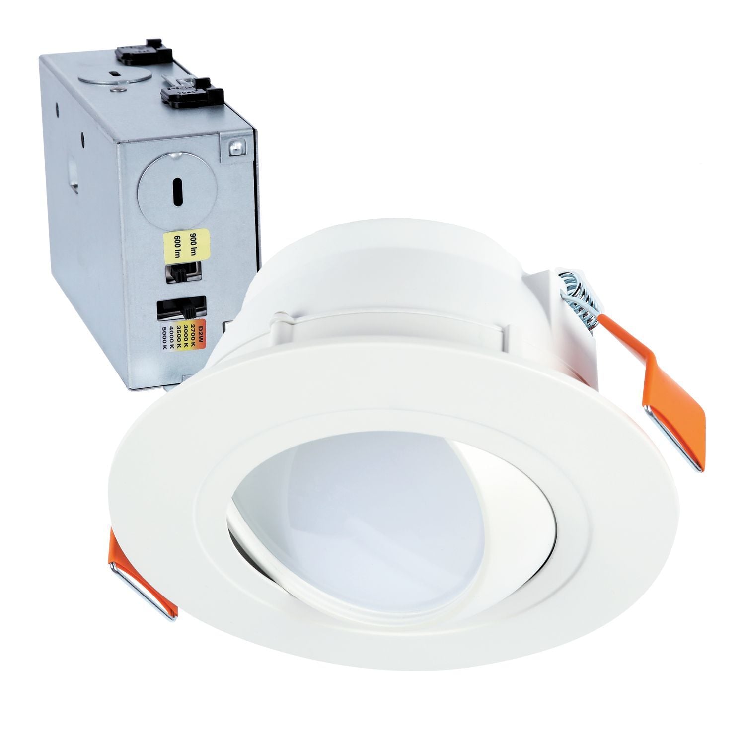 6-inch adjustable recessed LED retrofit module, 600/900 selectable lumens, 6-color selectable CCT plus dim to warm option, 120V 60 Hz, LE & TE phase cut 5% dimming, Matte White.