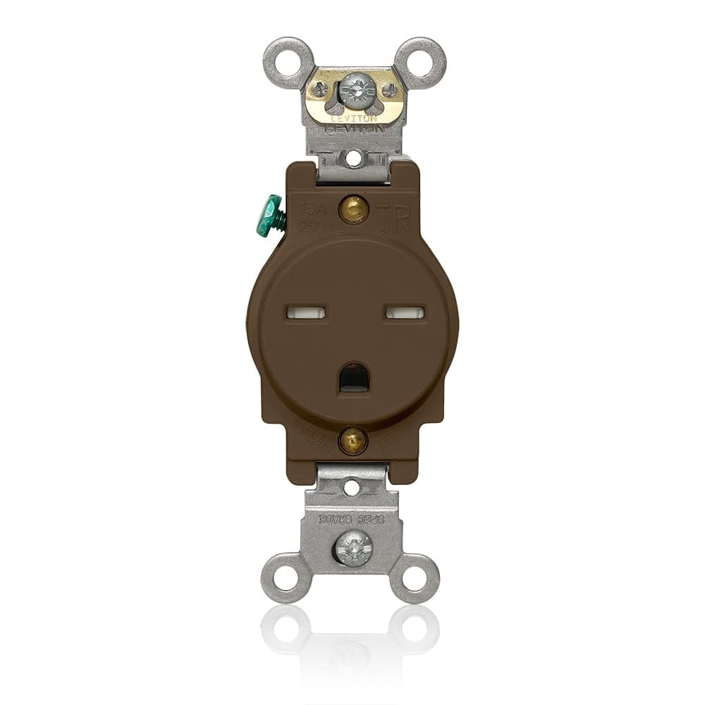 Single Receptacle Outlet, Heavy-Duty Industrial Specification Grade,  Tamper-Resistant, Smooth Face, 15 Amp, 250 Volt, Back and Side Wire, NEMA 6-15R, 2-Pole, 3-Wire, Self-Grounding - Brown