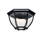 With its timeless profile, this 2-light flush mount is perfect for those looking to embellish classic sophistication outdoors. Because it is made from cast aluminum and comes in this beautiful Black finish, this flush mount can go with any homedacor while being able to withstand the elements. It features clear beveled glass panels, uses 40-watt (max.) bulbs, measures 12in; in diameter by 7.5in; high, and is U.L. listed for damp location.