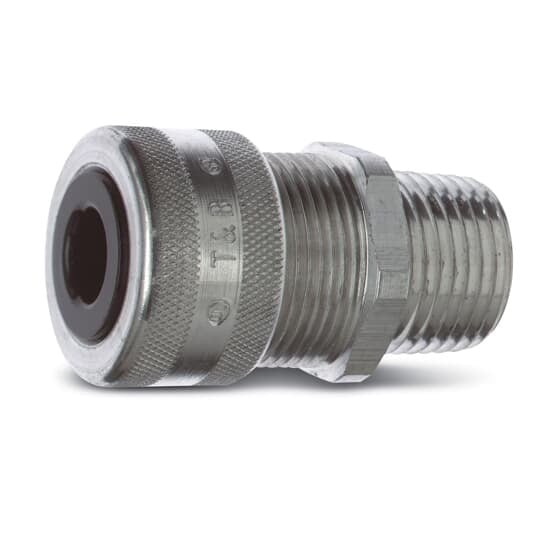 Liquidtight Strain Relief Connector, 3/4 Inch, Straight, Cord Range 0.500 to 0.750 Inch, Throat Diameter 9/16 Inch, Aluminum Body, Glandnut, and Grip, Rubber Bushing