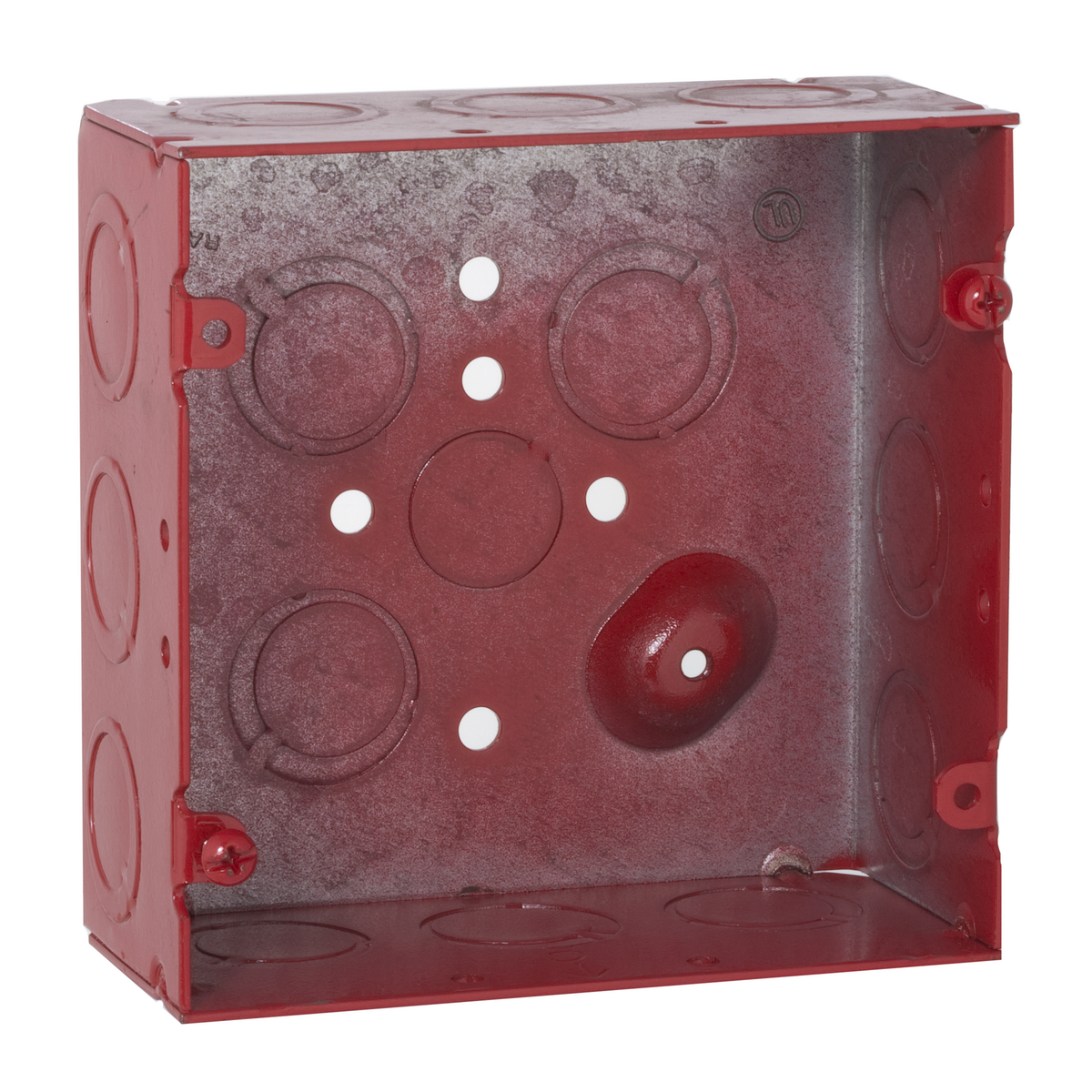Life Safety Steel Wall Boxes and Extension Rings - Painted Red,4-11/16In. Square Boxes, 2-1/8 In. Deep - Welded with Conduit KO's, 600V,Raised Ground