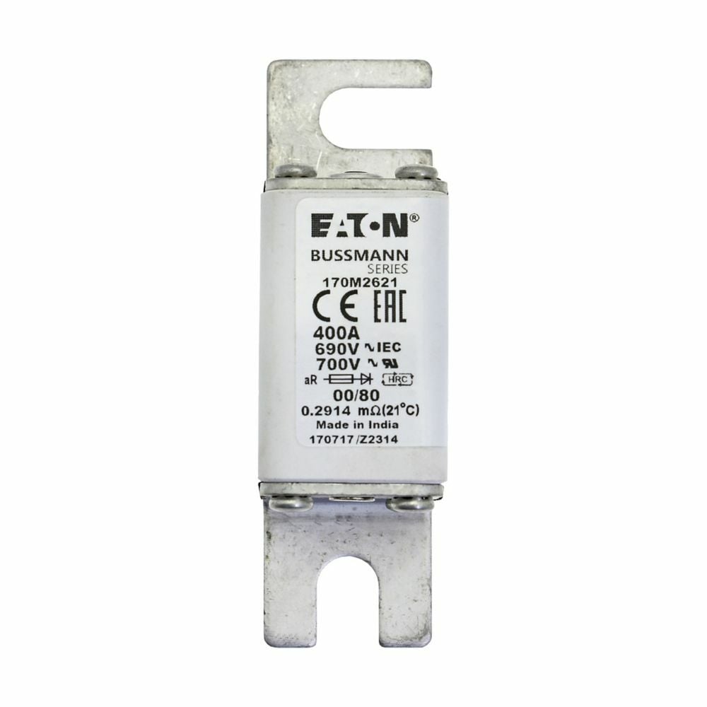 Eaton Bussmann series high speed square body fuse, 700V (UL), 690V (IEC), 400A, 200 kAIC, Top fuse status indicator, Fuse, Blade end X blade end, Class aR, DIN 43 620 - 170M2621