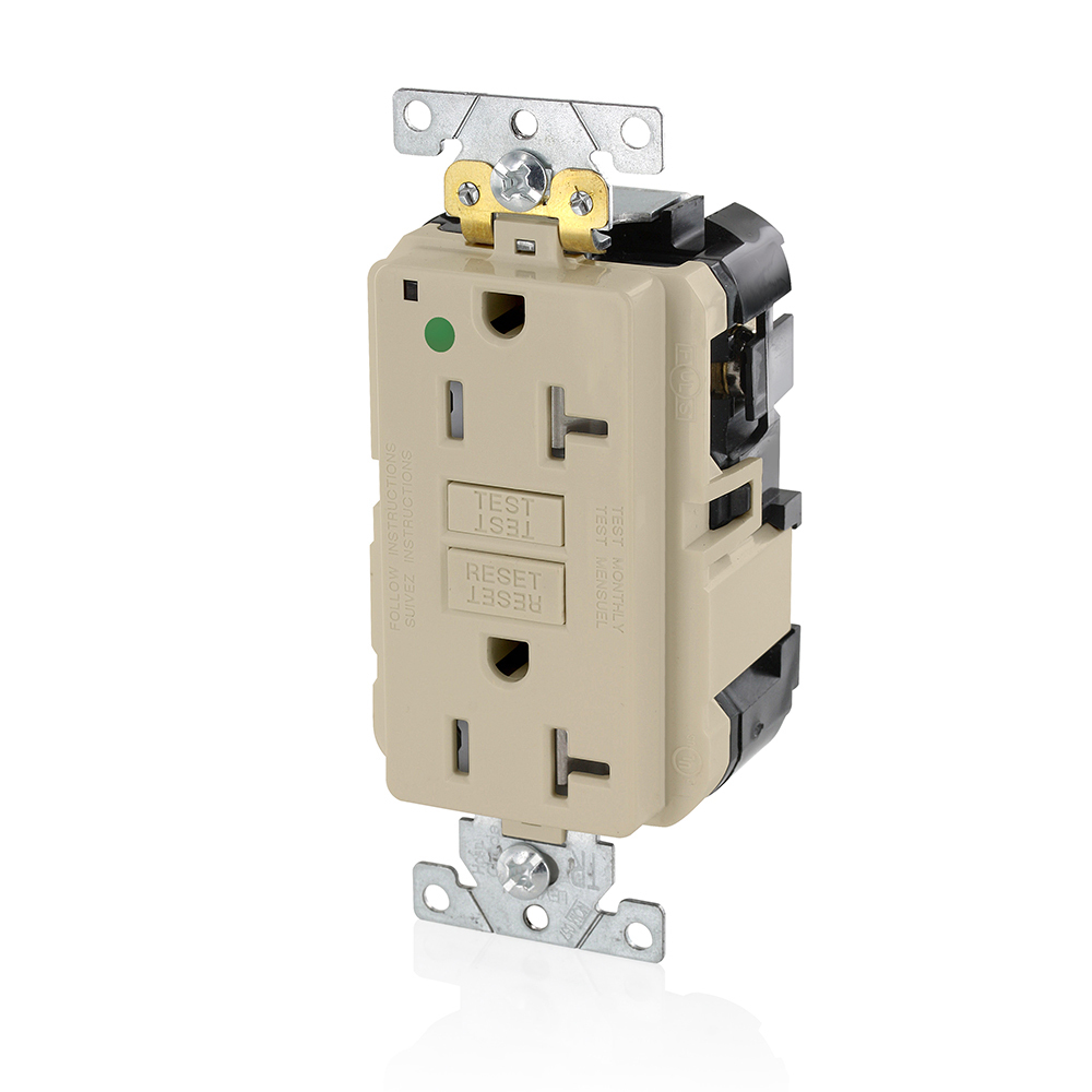 20 Amp, 125 Volt, SmartlockPro Slim Lev-Lok  Self-Test GFCI Receptacle, Extra-Heavy Duty Hospital Grade, Tamper-Resistant, 20A Feed-Through, NEMA 5-20R, 2P, 3W, Modular Terminals  IVORY
