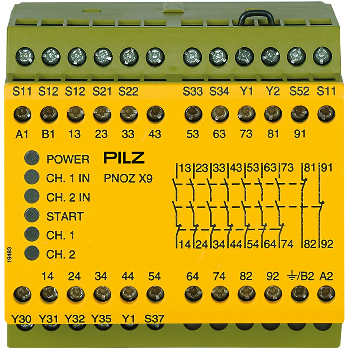 Safety Relay, 1/2-Channel Wiring with Detection of Shorts Across Contacts, 7 N/O, 2 N/C, 2 SC, Automatic/Monitored Start, UB = 24 VDC, 90mm, Screw Terminals Integrated, Monitoring of E-STOP, Safety Gates