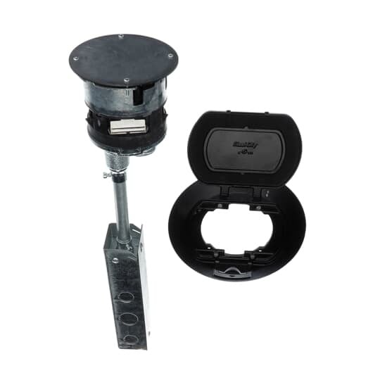 Poke-Through Base Unit, 4 Inch Drill Size, 19 Inch Length, Hub Size 1/2 Inch and 1 Inch, Galvanized Steel, with 4 20A Power Receptacles and 4 Cat-5e Data Jacks with Device Plates, Base with Black Cover