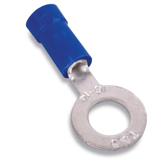Expanded Vinyl-Insulated Ring Terminal, Length 1.14 Inches, Width .50 Inches, Maximum Insulation .200, Bolt Hole 1/4 Inch, Wire Range #18-#14 AWG, Color Blue, Copper, Tin Plated