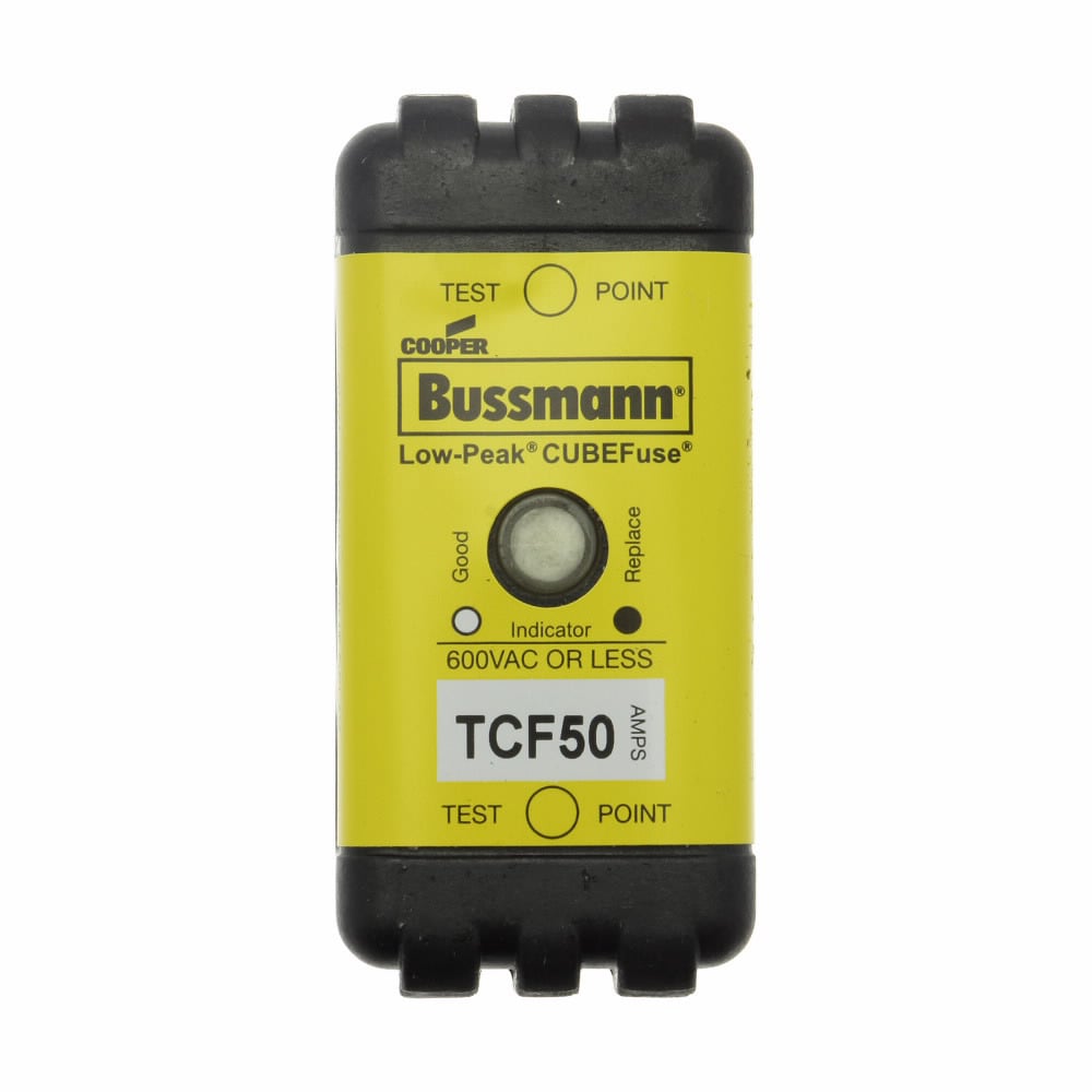 Eaton Bussmann series TCF fuse, Finger safe, 600 Vac/300 Vdc, 50A, 300 kAIC at 600 Vac, 100 kAIC at 300 Vdc, Indicating, Time delay, inrush current withstand, Class CF, CUBEFuse, Glass filled PES