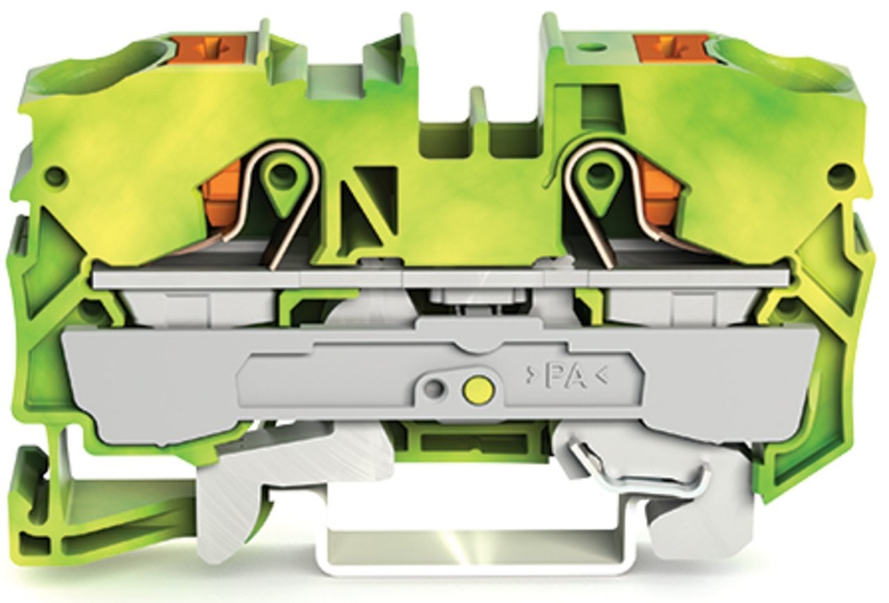 2-conductor ground terminal block; with push-button; 10 mm; with test port; side and center marking; for DIN-rail 35 x 15 and 35 x 7.5; Push-in CAGE CLAMP; 10,00 mm; green-yellow
