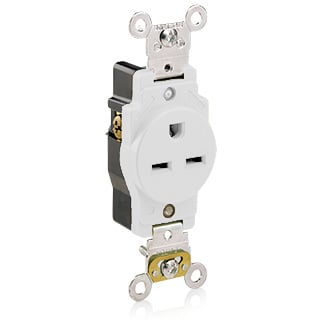 15 Amp, 250 Volt, NEMA 6-15R, 2P, 3W, Industrial Series Heavy Duty Specification Grade, Single Receptacle, Straight Blade, Self Grounding, Back & Side Wired, Steel Strap - White