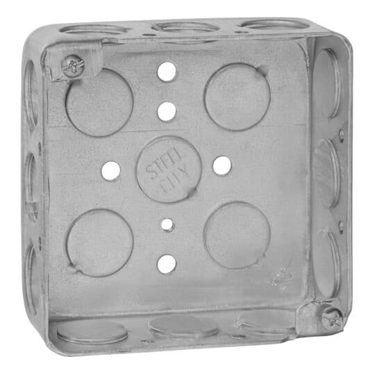 Square Box, 21 Cubic Inches, 4 Inch Square x 1-1/2 Inch Deep, 1/2 Inch Knockouts, Pre-Galvanized Steel, For use with Conduit