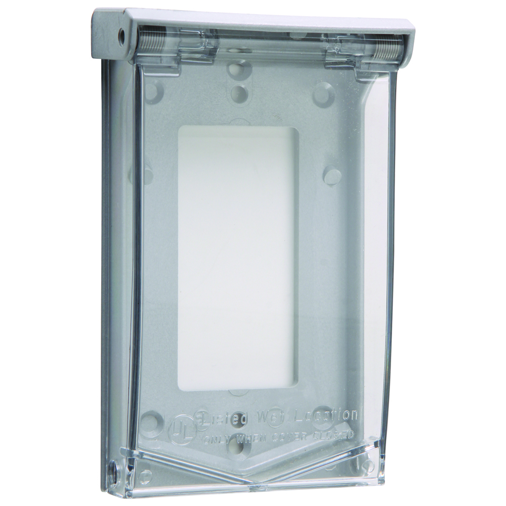 Weatherproof Thermoplastic Self-Closing Cover, Decorator RV Use, Vertical 2 Screw Mounting - Padlockable, Gray Base/Clear Cover