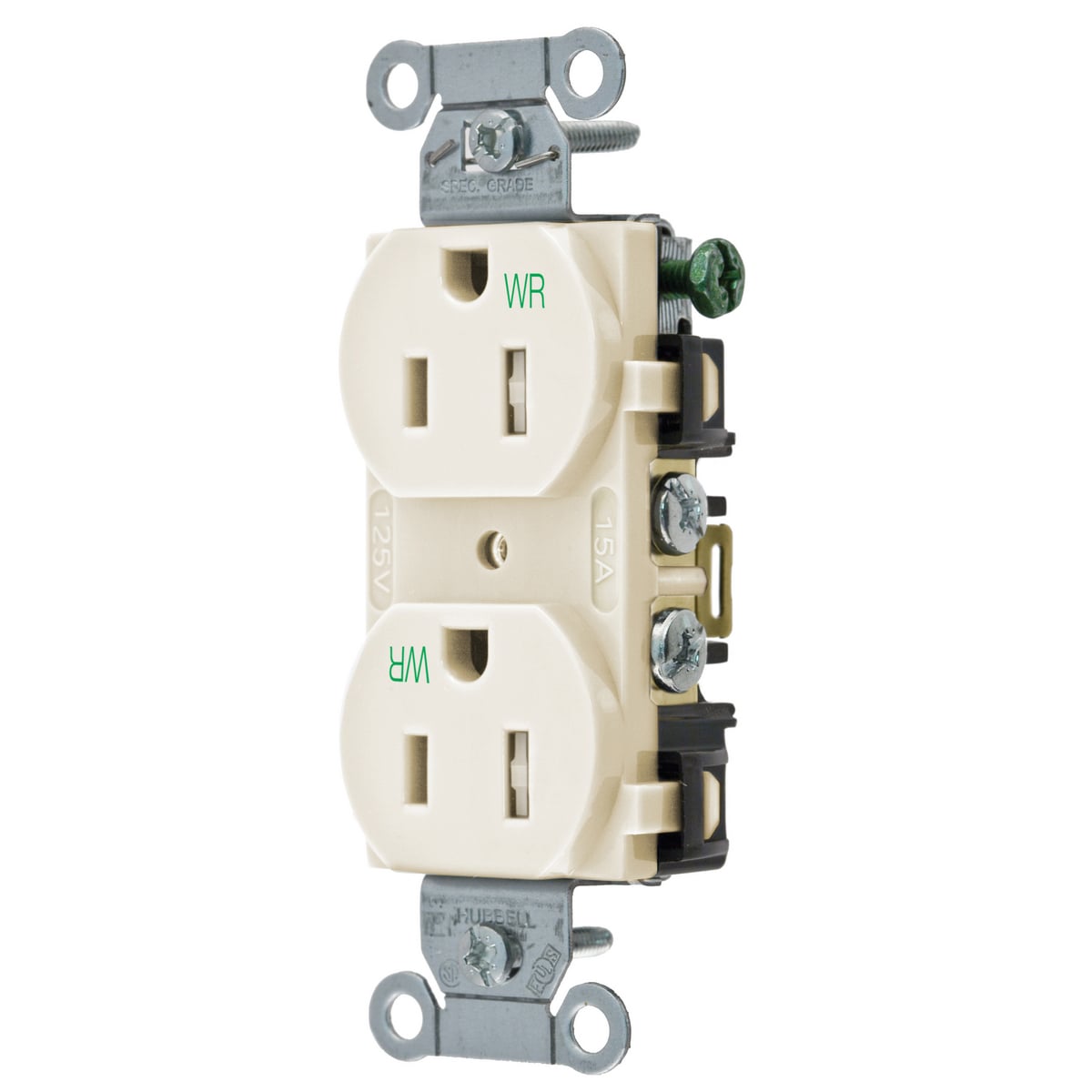 Straight Blade Devices, Receptacles, Tamper and Weather-Resistant Duplex, Commercial/Industrial Grade, 2-Pole 3-Wire Grounding, 15A 125V, 5-15R, Light Almond, Single Pack.