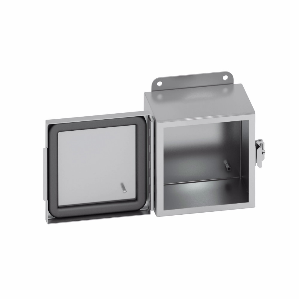 Eaton B-Line series JIC panel enclosure, 8" height, 4" length, 6" width, NEMA 4X, Hinged cover, 4XSS6CHC enclosure, Wall mount, Small single door, External mounting feet, 316 stainless steel, Seamless poured in-place gasket